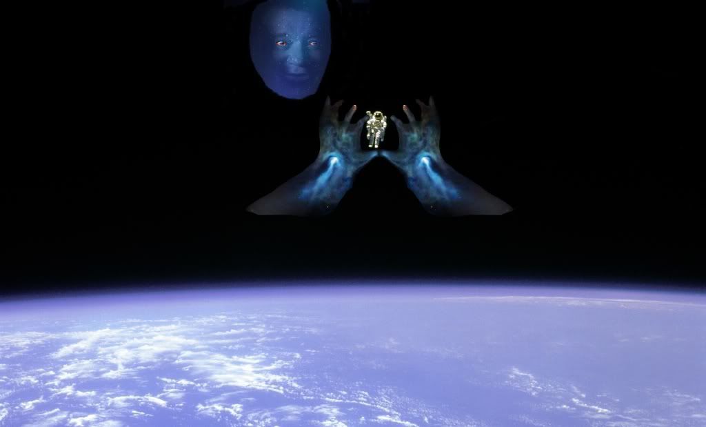 God and man, Used The "Eye of God" also known as the Helix Nebula (twice.)for the eyes.and The hands are a photo of a star exploded in a supernova, creating a rapidly spinning 20km-wide star called a pulsar, which is deep inside the white blob at the hand's wrists.